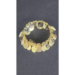 Gold Tone Charm Bangle Bracelet Womens Rhinestone Disc Dangle Snap Boho Jewelry